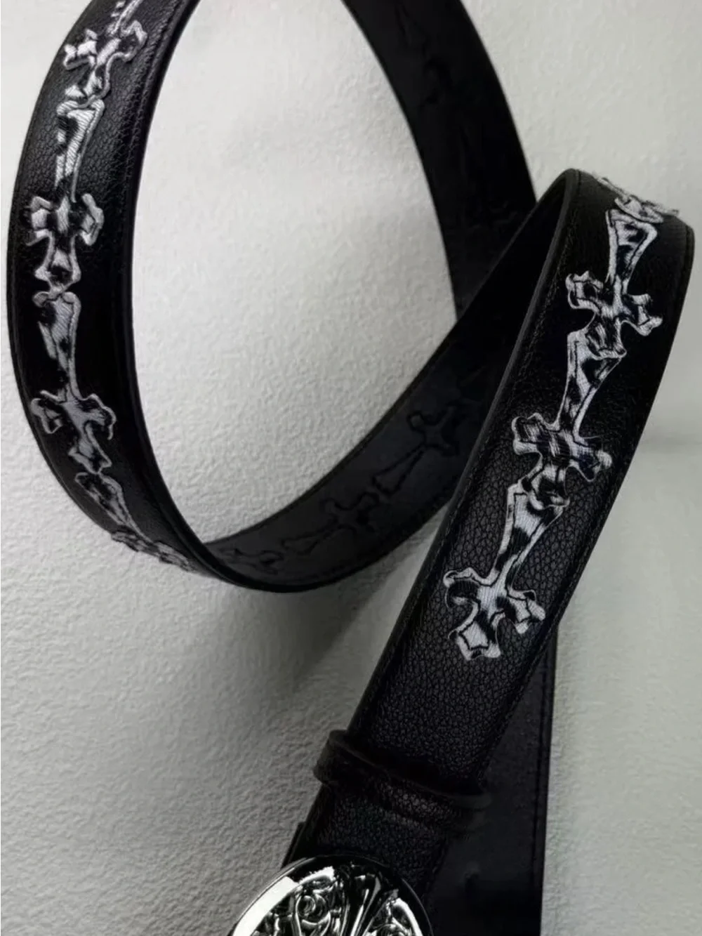 Black Men's Leather Belt with Silver Embroidered Cross Detail